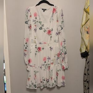 Express White Floral V Neck Long Sleeve Mini Dress